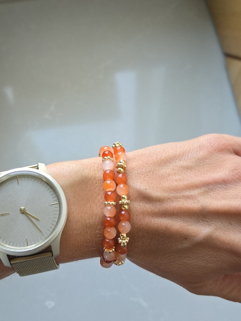 Handmade Orange Agate And Glass Beaded Stretch Bracelet with Gold Accents
